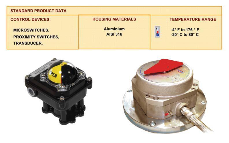 LIMIT SWITCHES BOX Suitable for remote indication of quarter turn valve operators GRP, Aluminium or AISI 316 enclosure IP 65 and IP 67 rated according to IEC 60529 Ex-d IIC T6 explosion proof rated