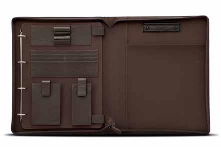 B6 787 0182 WRITING CASE Dark brown nylon with leather trim. A format. Ring binder, leather pen loops, credit card slots, pocket for mobile phone/pda, clip mechanism for writing pad.