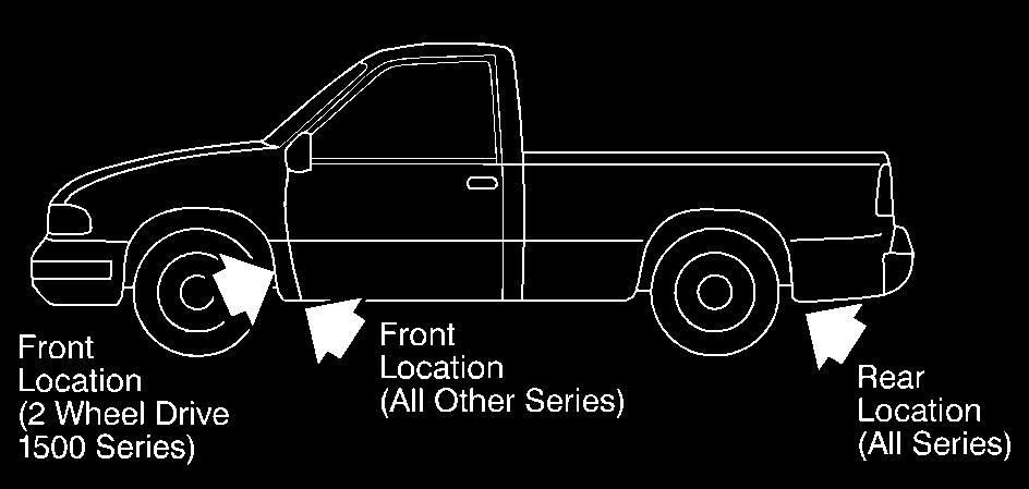 If the flat tire is on the front of the vehicle (2-Wheel Drive 1500 Series vehicles), position the jack under the bracket attached to the vehicle s frame, behind the flat tire.