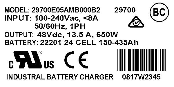 CHARGER RATINGS LABEL The ratings label is located on the charger and provides the model (MODEL), serial number (located below the barcode at the bottom of the label), AC input ratings (INPUT), and