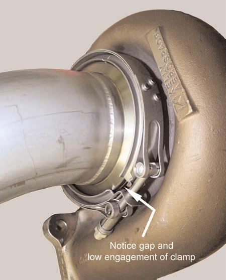 Typical Turbocharger Exhaust Tube Installation Shown Figure 2 - V band Clamp Showing Gap Figure 3 - Gap Inspection Area Figure 4 - Turbine Housing