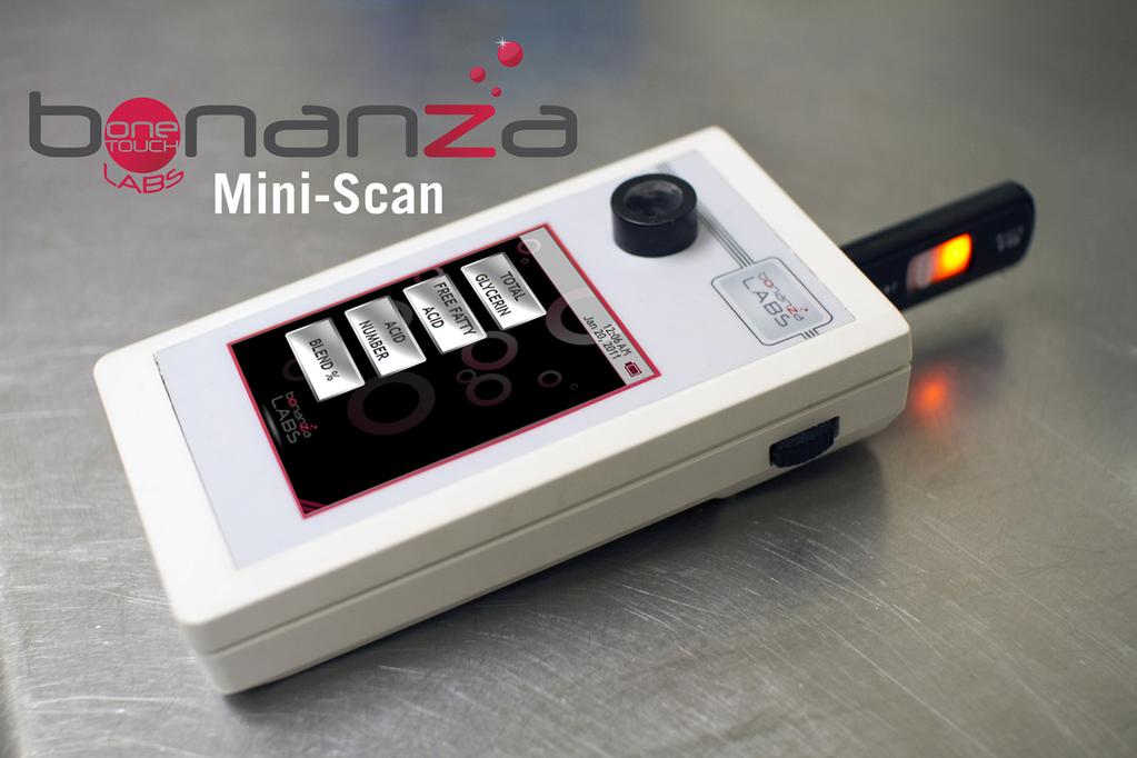 Figure 1. Mini-Scan Handheld Biodiesel Analyzer Results from the Mini-Scan are quantitative for total glycerin to 0.03%. The determination for Acid Number is within 0.1 units and for FFA within 0.2%.