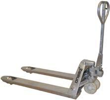 Galvanized Steel Pallet Truck For use in corrosive and wet environments, laboratories, clean rooms. 6 1/4" wide forks. 7" nylon steering wheels. 3" nylon load wheels.