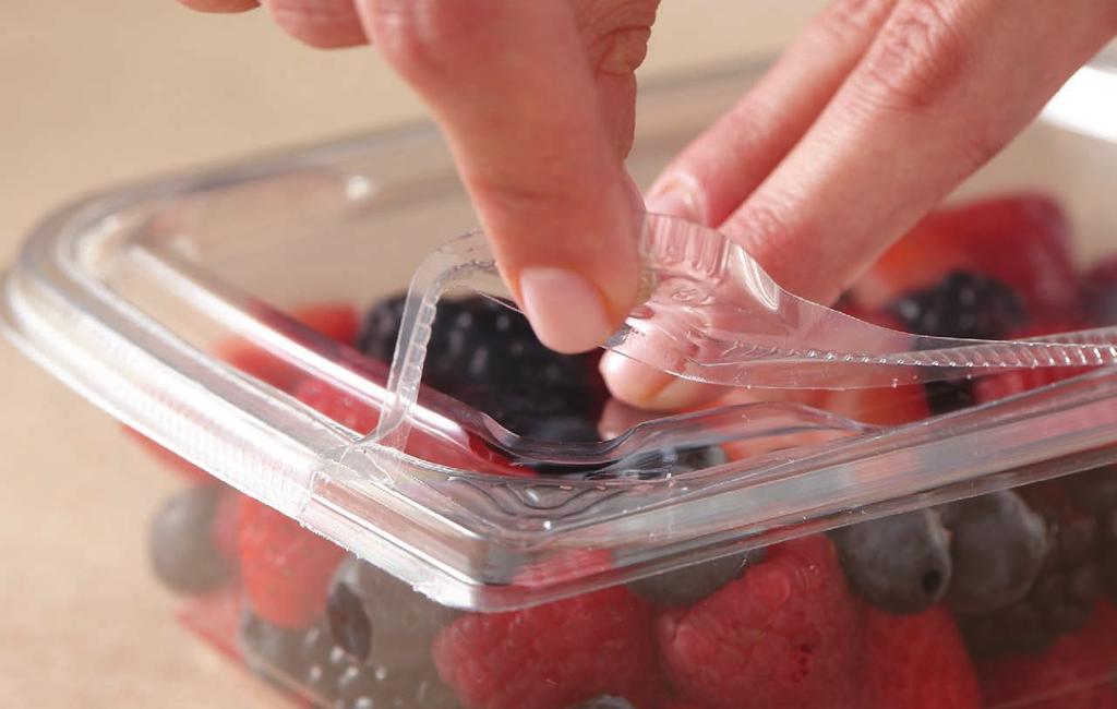 safety feature built into the lid. Multiple lid options allow you to merchandise TR containers along with film-sealed containers together, with the same look and feel.