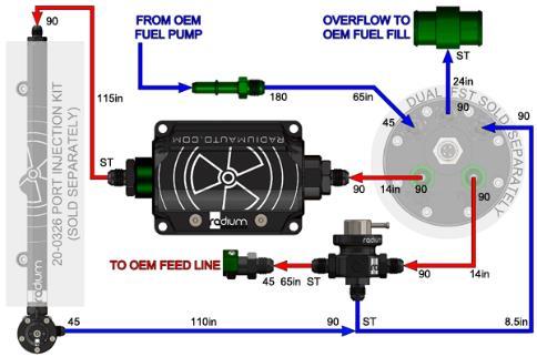 If using the Radium Port Injection Kit P/N: 20-0326, install the included 8AN ORB plug to the center port. Find the optimal orientation for the DMR for fuel return plumbing.