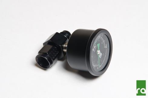 Install the gauge to the -6AN female to male 1/8" NPT adapter finger tight. Then add another 1.5 to 3 turns. Install the fuel pressure gauge assembly (shown) to the fuel rail inlet.