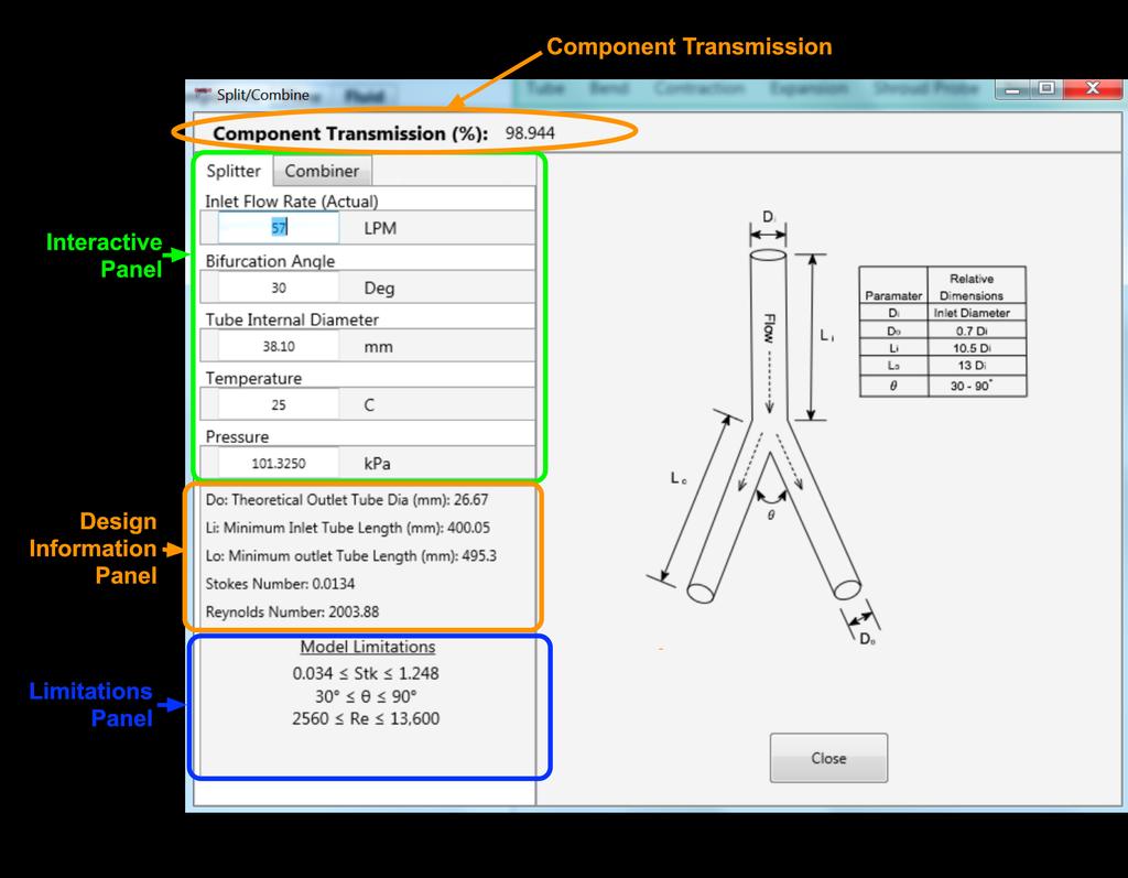 Deposition Calculator Figure 6: Splitter form Once finished, the user should note the Transmission value, which would be applied to both legs of the split, and then select the Close button.
