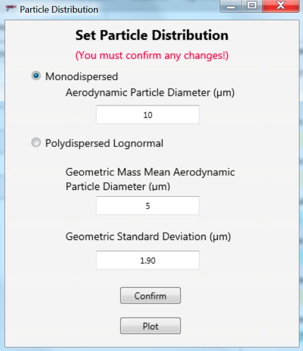 5.3 Distribution menu item The default particle distribution is a monodispersed 10 µm AED particle.