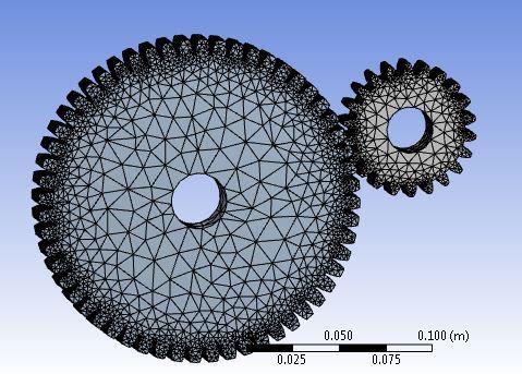 Figure 2: Gear after meshing Supports and Loads: Tangential load of 2315 N is applied at the point of contact during the mating of the two gears. Frictionless support and the moment of 194.