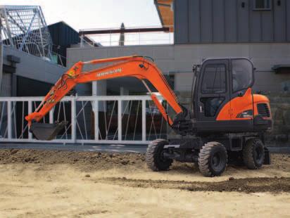 Dimensions and working ranges q Dimensions q Digging force (ISO) 3.000 mm Boom 1.600 mm Arm Single tire Double tire Tire type 6.120 mm 6.120 mm A Overall length 1.920 mm 2.290 mm B Overall width 2.