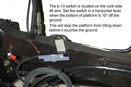 B-13 is not working unplug J-41 (gate operates without sensor but looses auto-tilt). The B-13 switch is located on the curb side lift arm.