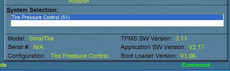 8. If the adaptor is correctly installed and identified, the TPM system details will be filled in at the bottom of the screen with information from the SmarTire Wireless Gateway. 3.2.