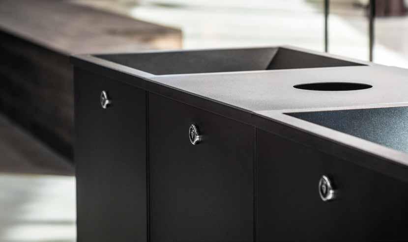 Standard colour options of the bins are the combination of stainless body and metallic black base and lid, or fully powder coated bin in metallic black colour.