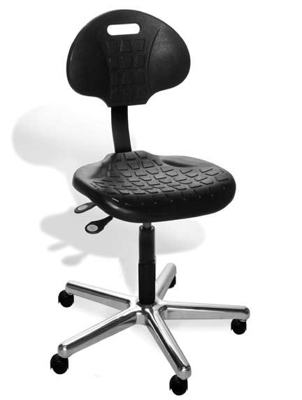 Seats and backrests of molded, self-skinned urethane make these durable chairs great for harsh industrial settings and laboratories, or anyplace requiring frequent cleaning.