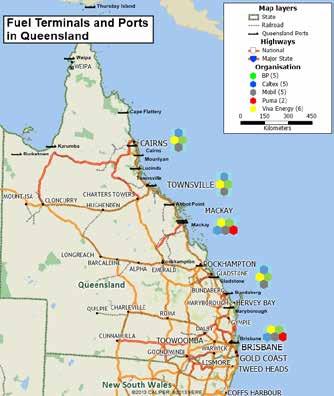 Points of value add, transformation and consumption Figure 6: Fuel depots and ports in Queensland Fuel is distributed throughout Queensland as follows: Ports are the initial storage points for