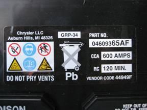 2-7 Routan 2009-2010 Factory battery label with CCA specification Routan original factory battery has CCA rating of 600 amps.