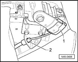 Remove cable sleeve - 2 - from mount. Fig. 192: Identifying Clip & Cable Sleeve Remove clip - 1 - and disconnect brake cable from cable mounting.