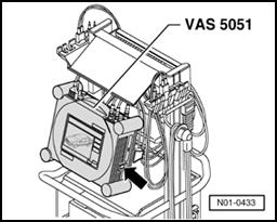 Fig. 15: Identifying Volkswagen Tester VAS 5051, On Switch Switch on tester - arrow -. The tester is operational when it displays a picture of a car. Switch on ignition.