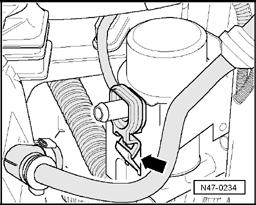 Fig. 248: Removing Brake System Vacuum Pump V192 Upward From Bracket Disengage clip in direction of arrow
