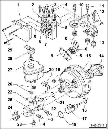 Fig. 26: Hydraulic Unit, Brake Booster/Master Brake Cylinder - Assembly Overview 1 - ABS Control Module (w/edl) J104 2 - ABS Hydraulic Unit N55 3 - Brake line Master brake cylinder/primary