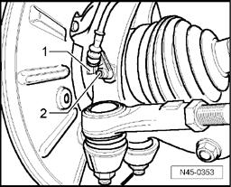 Speed sensor on front axle, removing and installing Removing Raise vehicle. Fig. 37: Speed Sensor Wiring Connector & Bolt Separate speed sensor and speed sensor wiring connector - 1 -.