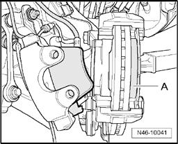 Fig. 52: Installing Outer Brake Pad On Brake Carrier Install outer brake pad - A - on brake carrier.