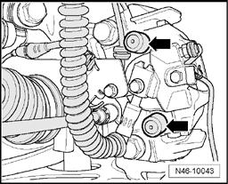 Fig. 132: Identifying Covers Remove covers - arrows -. Fig. 133: Removing Both Caliper Guide Pins From Brake Caliper Remove both guide pins - arrows - from the brake caliper.