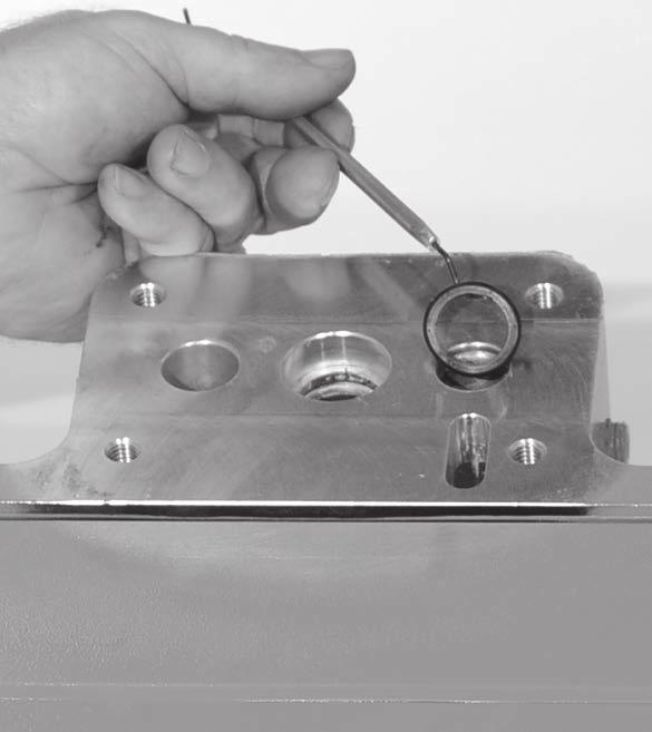 Using an O-ring pick, gently remove the two (2) Glyd rings from the center block.