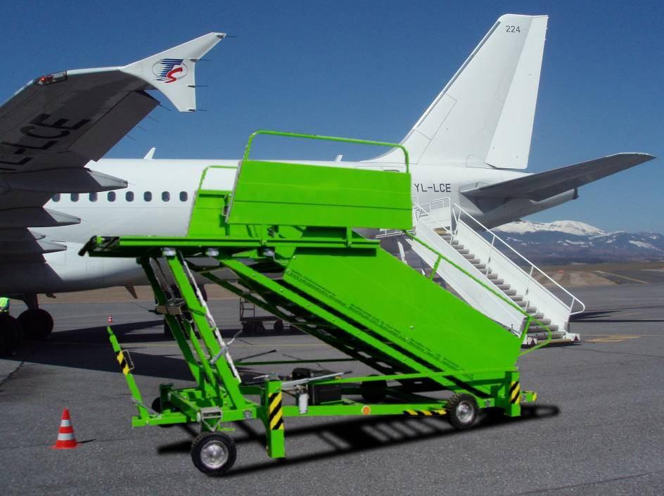 ADJUSTABLE PASSENGER STAIRS CDS 1627 Stairs are suitable for servicing all aircrafts with door sill heights from 1,6 up to 2,7 m. Welded construction composed of heavy duty metal parts.
