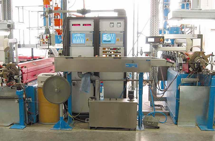 Tandem extrusion line for ABS cable Pay-off product: 2 x 0,35mm 2 5 x 2,5 mm 2 Insulation materials PU, PU/PE, PVC, PE 1 Main extruder 1 Ø 85 27 D 1 Main extruder 2 Ø 105 27 D 0 250 m/min Total line