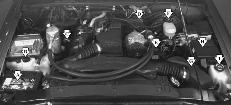 When you lift the hood, you ll see these items on the 2.2L L4 engine: A. Battery B. Coolant Recovery Tank C. Automatic Transmission Dipstick D.