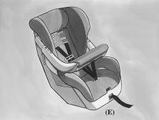 A forward-facing child restraint (C-E) positions a child upright to face forward in the vehicle.