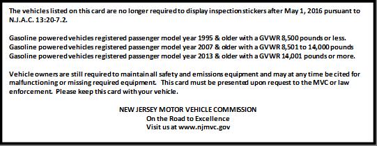 Martinez, Chairman and Chief Administrator DATE: March 21, 2016 SUBJECT: Changes to Motor Vehicle Inspection Program May 1, 2016 The New Jersey Motor Vehicle Commission will be