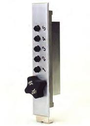 Five number pushbutton lock with easy to reset combination feature.