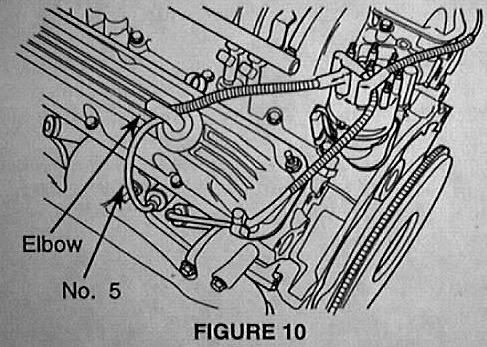 3. Route the #5 plug wire over the left valve cover and in front of the breather tube elbow. 4.