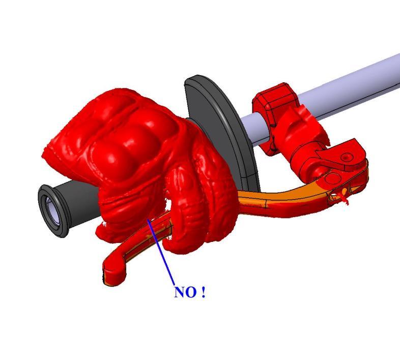 Short standard arm (light-blue and blue) and long standard arm brake (orange-red) in translated position In the setting of long brake lever in CAD the situations noticed by Moretti may occur during