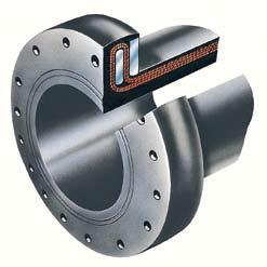 Examples are: The rubber flange (no gasket required) with a steel or stainless steel backing ring for medium working pressures.