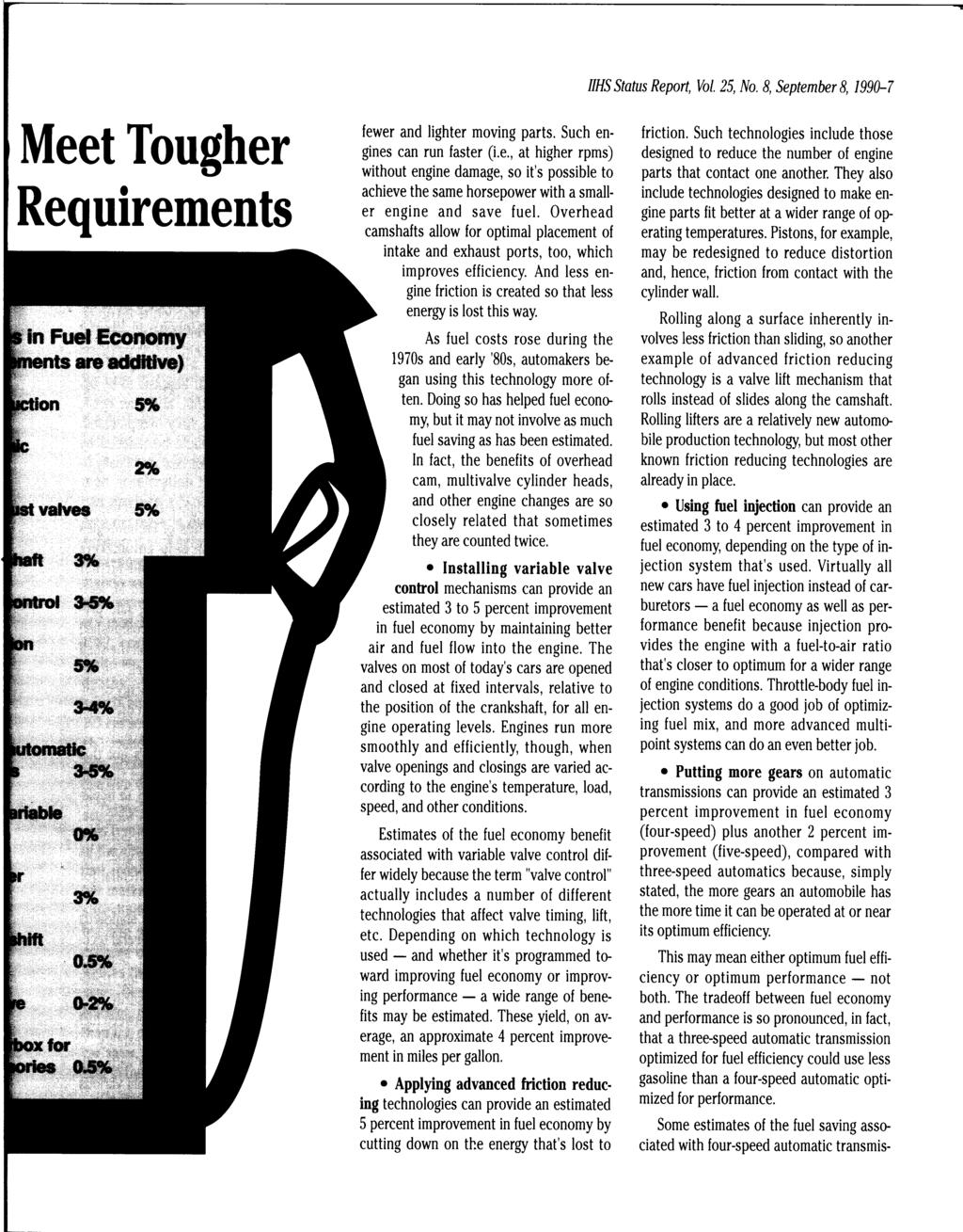 IIHSStatus Report, Vol. 25, No. 8, Septembers, 1990-7 Meet Tougher Requirements in Fuel Economy Jftii 5% fewer and lighter moving parts. Such engines can run faster (i.e., at higher rpms) without engine damage, so it's possible to achieve the same horsepower with a smaller engine and save fuel.