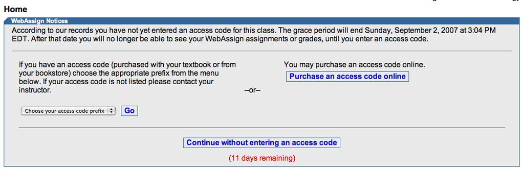 WebAssign Post-Lecture HW WebAssign Content WebAssign Home Page Enter Access Code - Purchased in
