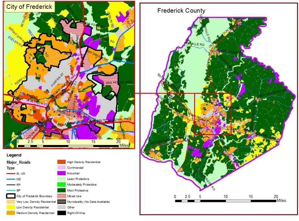 2.3.6 Frederick Land Use Summary The Zoning and Protected Lands maps (as shown in Figure 2-23) illustrate that most of the future development in Frederick County will be concentrated in central