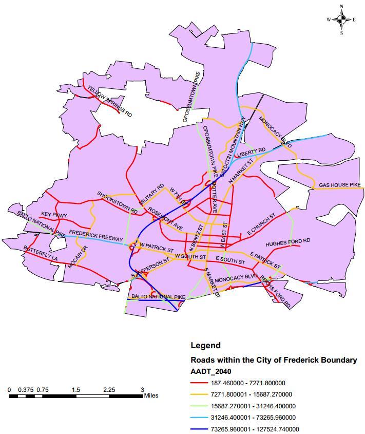 Figure 3-8: Predicted 2040 Frederick City Daily Traffic Volume Summary 3.1.6 PEV Adoption Summary vehicle registration data were provided by the Maryland Vehicle Administration.