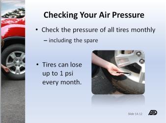 Steps to Maintain Your Tires Materials and Resources Part 2 Checking Your Air Pressure Slides 14.13 through 14.14 Discuss when and how often you should check your tire pressure.