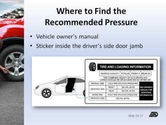 15 Discuss where to find the recommended pressure for your tires. Slide 14.
