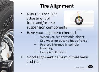 4: Caring for Your Tires Duplicate and distribute Fact Sheet 14.4 for students to use as a resource and study guide. Slide 14.34 Slide 14.