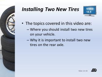 Buying Tires Materials and Resources Part 5 Replacing Your Tires Video Review 14.5 Duplicate and distribute Video Review 14.5. Students should complete the worksheet as they watch the video.