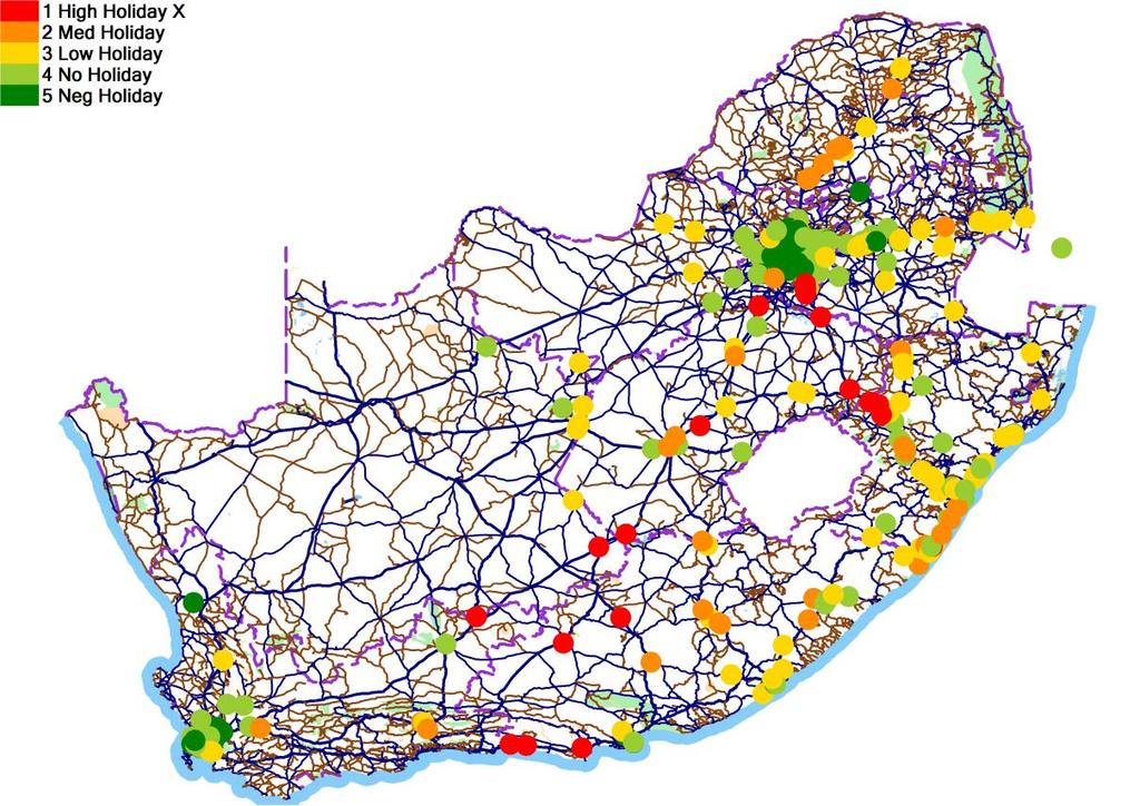 Figure 7.2: Map showing traffic strata for different counting stations The stratification can be checked by plotting the strata on a map similar to the one shown in Figure 7.2. Both short- and long-term counting stations are shown on the map.