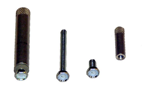 There is a knob, nut, and bolt to attach the bracket to the track underside, and a threaded hole at the end near the pin.
