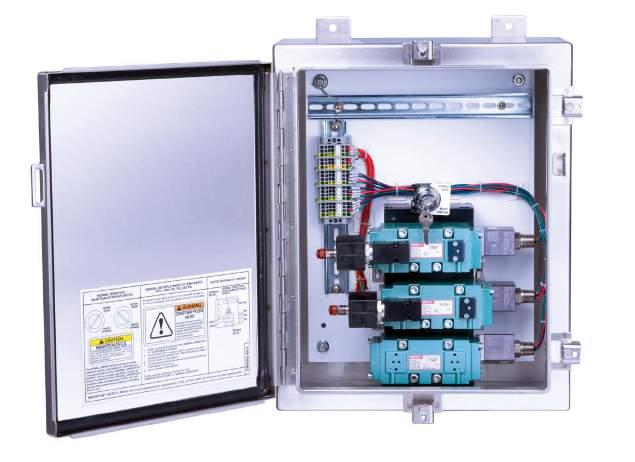 The bypass panels greatly reduce the time required for maintenance. The panels can be used with the majority of the ASCO solenoid valves and are mounted on a stainless steel panel with (sun) shed.