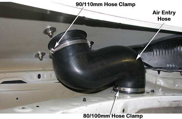 17 Loosely install a 80/100mm hose clamp (Item 14) and a 90/110mm hose clamp (item 15) onto the air entry hose (item 10). (Note the orientation and position of the hose clamps on the air entry hose).