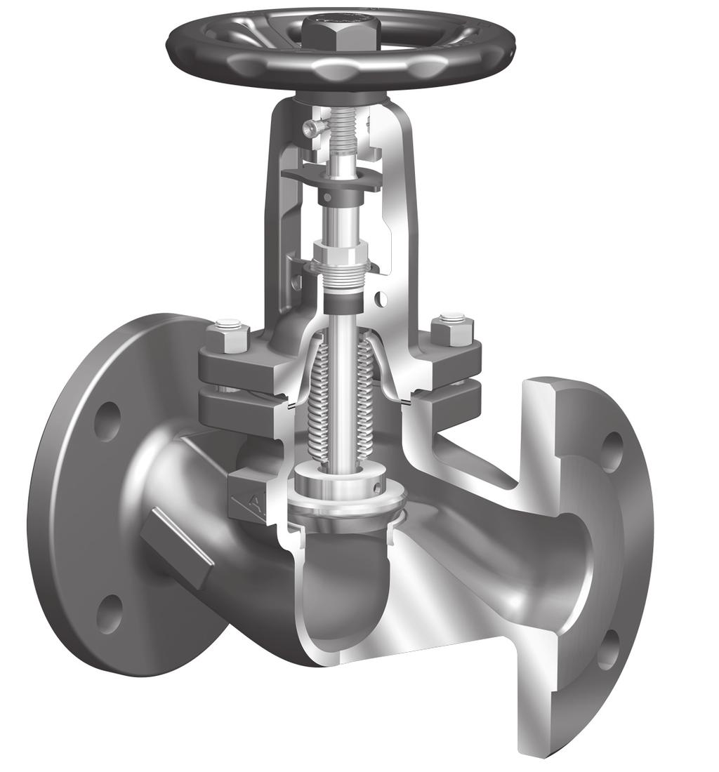 Stop valve with bellows seal Free of maintenance stop valve with bellows seal - metallic sealing ARI-FABA -Plus - Straight through with flanges DIN DVGW-Type approval TA - Luft TÜV-Test-No.